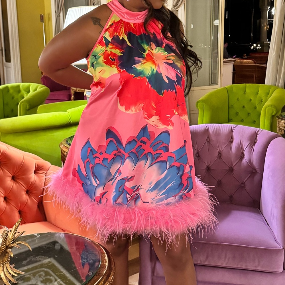 Nasty gal pink floral sleeveless swing dress with feather trim